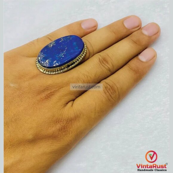 Unisex Lapis Lazuli Stone Ring: Adjustable Gemstone Lapis Jewelry - Picture 1 of 6